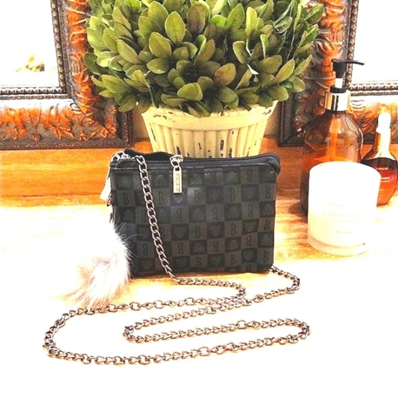 BORGHESE ROMA Crossbody Satin GEO w Shoulder Strap Chain & Faux Fur Pom Charm - Picture 14 of 14